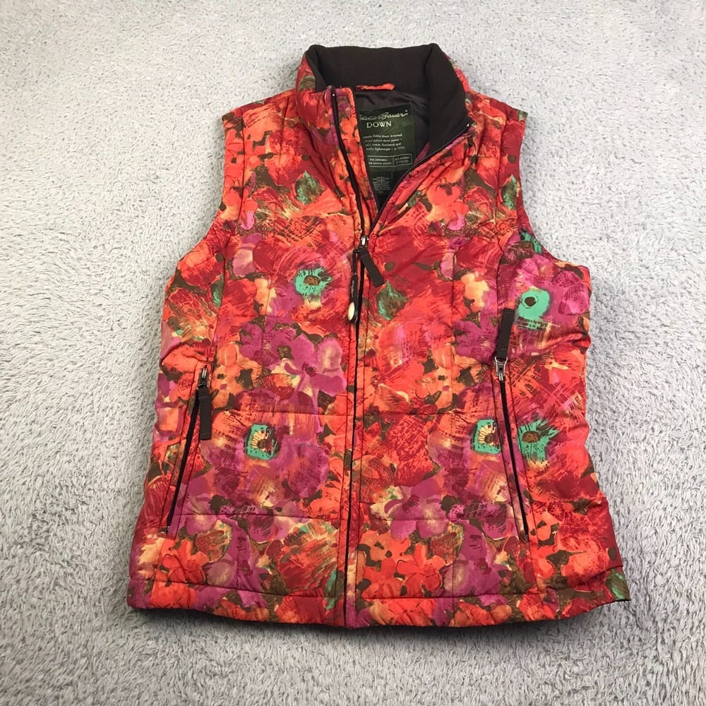 Eddie Bauer Vest Womens XS Red Floral Quiled Nylon Goose Down Puffer Jacket